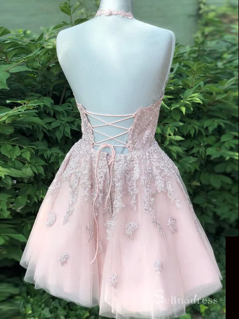 A-line Halter Pink Lace Short Prom Dress Homecoming Dresses #MLH041