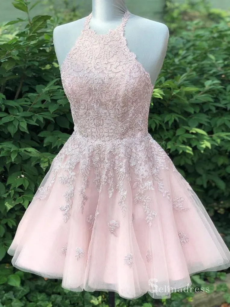 A-line Halter Pink Lace Short Prom Dress Homecoming Dresses #MLH041