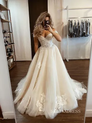 A-line Off-the-shoulder Tulle Appliqued Wedding Dress Cheap Rustic Bridal Dresses #KOP092