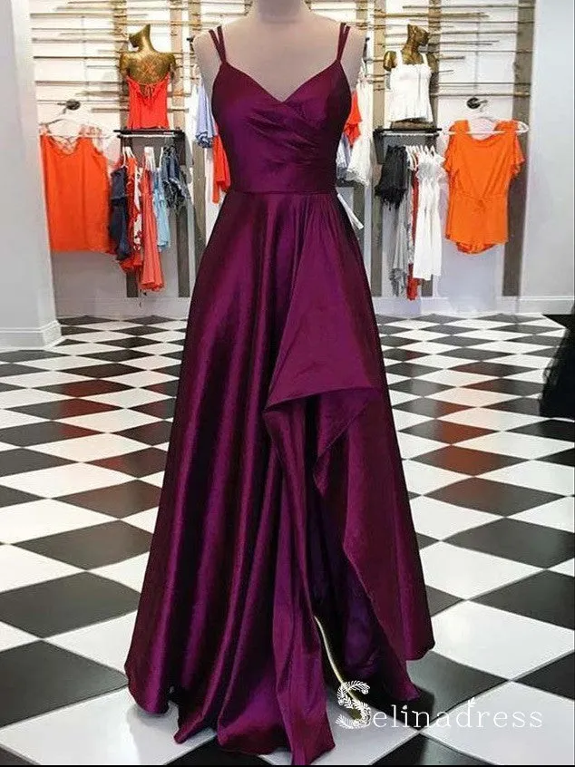 A-line Spaghetti Straps Cheap Simple Long Prom Dress Burgundy Split Formal Gowns SED019