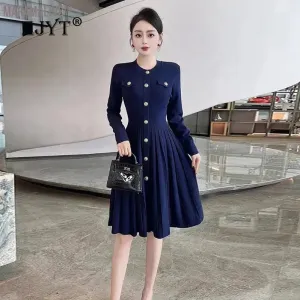 Autumn Winter Long Sleeve Knitting Sweater Dresses for Women 2024 New Designer Buttons Solid Pleated Knee Length Dress Blue