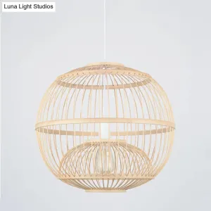 Bamboo Globe Dining Room Pendant Light Fixture - 14"/16" Dia, 1 Light, Modern Style, Beige