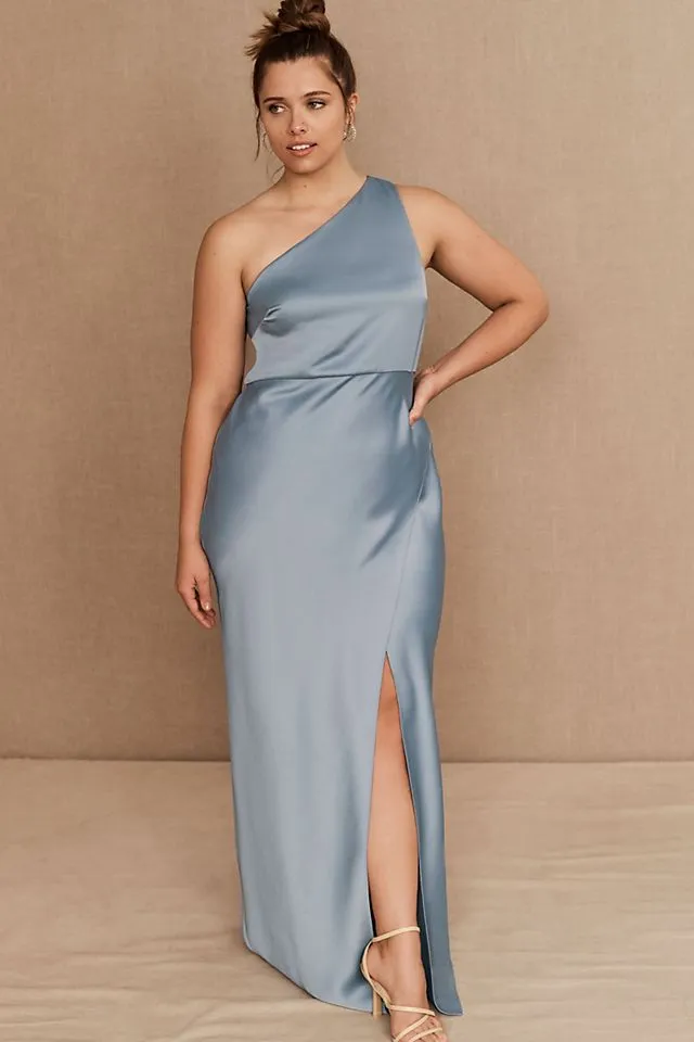 Bhldn Dylan One Shoulder Satin Side Split Dress, Dusty Blue