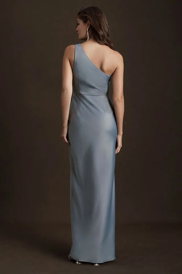 Bhldn Dylan One Shoulder Satin Side Split Dress, Dusty Blue