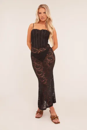 Black Lace Sheer Corset Detail Maxi Dress - Charmaine