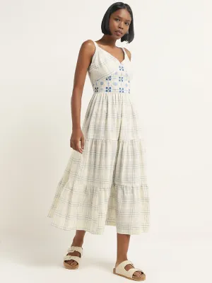 Bombay Paisley Ivory Checkered Design Tiered Cotton Dress