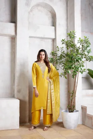 Bright Yellow Embellished Pure Silk Kurta Pant Set