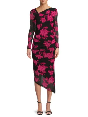 Calvin Klein Asymmetrical Floral Ruched Midi Dress in Black Pink