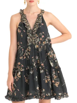 Cape Town Isabel Secret Mission Tiered Floral Mini Dress in Mixed Black