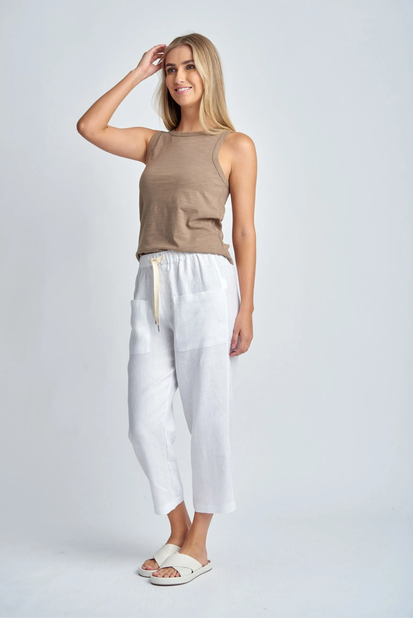 Casual Cropped Linen Pant White