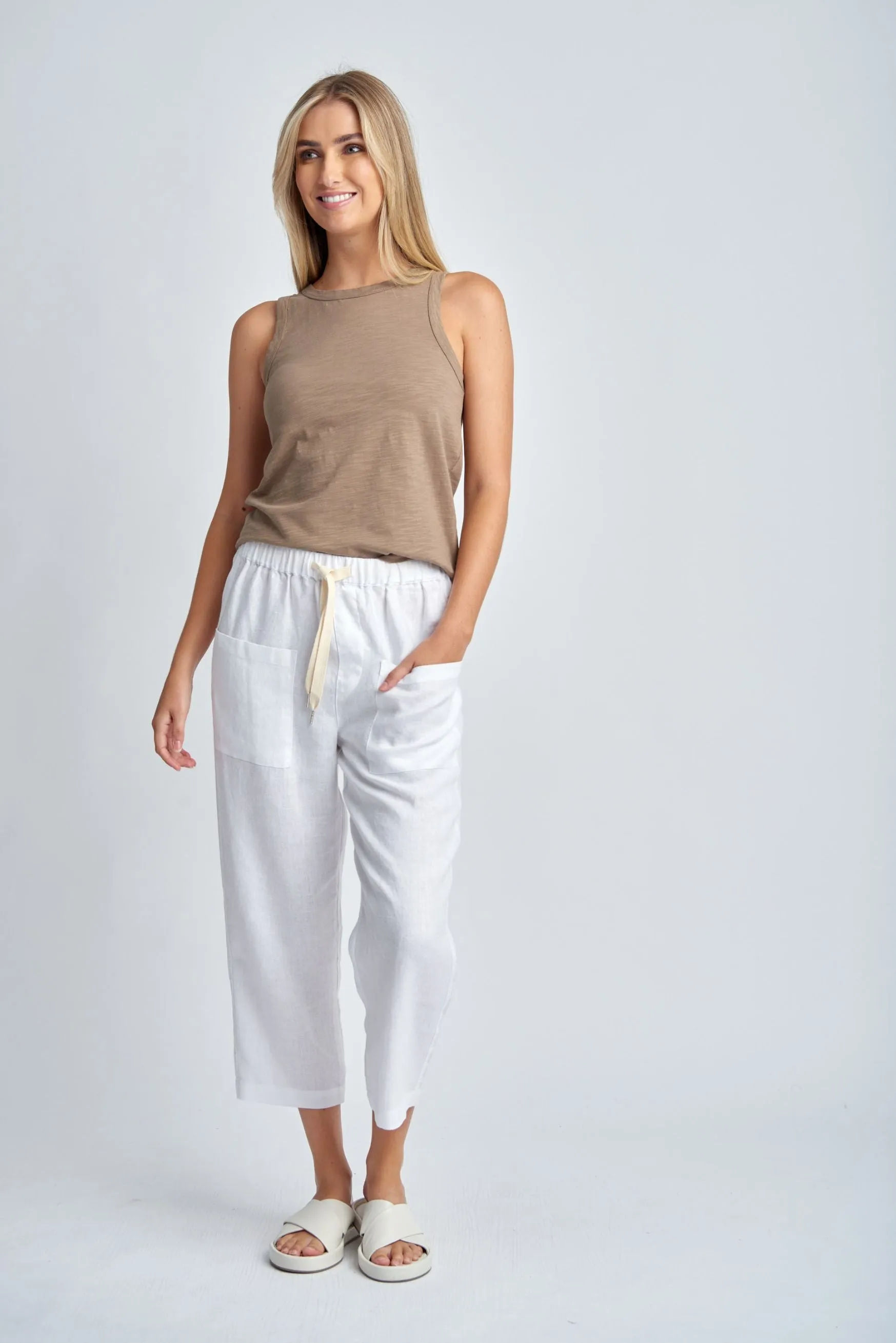 Casual Cropped Linen Pant White