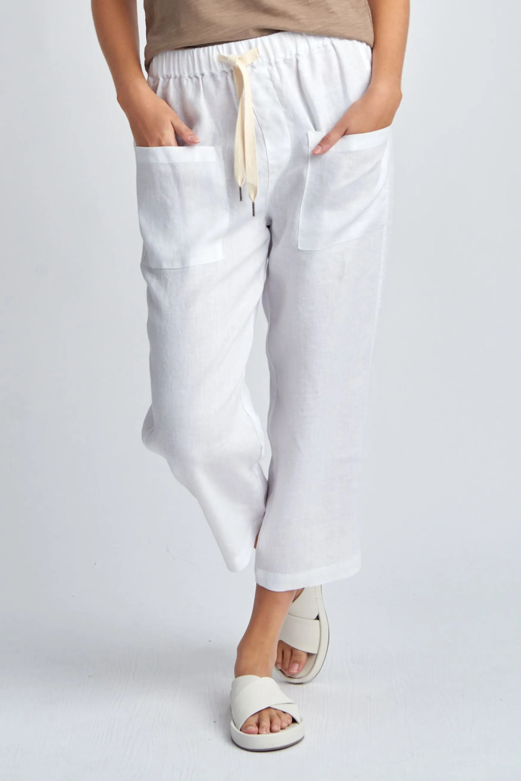 Casual Cropped Linen Pant White