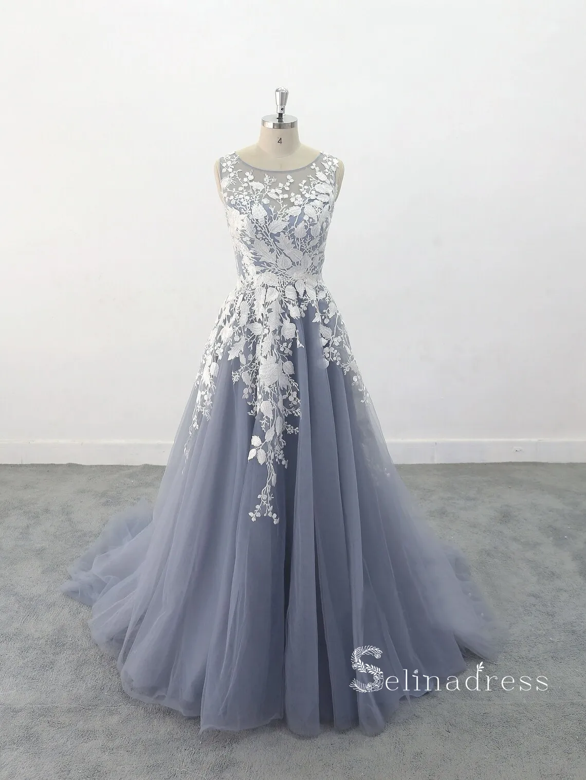 Chic A-line Scoop Blue Long Prom Dresses Applique Evening Dress MLK05165