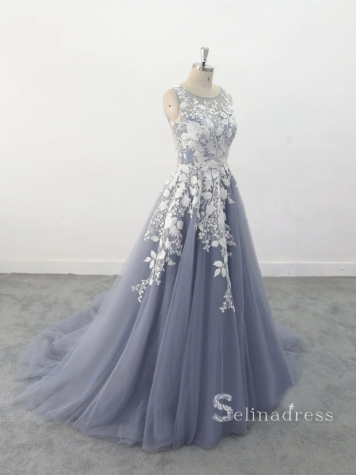 Chic A-line Scoop Blue Long Prom Dresses Applique Evening Dress MLK05165