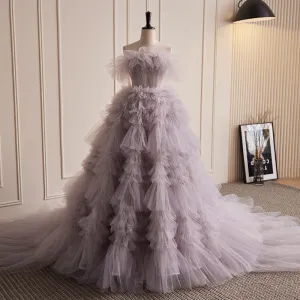 Chic Beautiful Strapless Ruffles Ball Gown Elegant Princess Dress Layered Evening Dress #LOP287