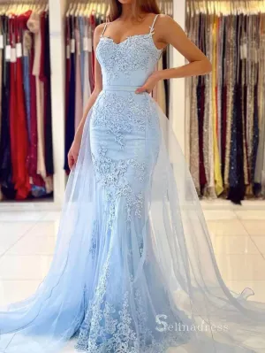 Chic Mermaid Spaghetti Straps Light Sky Blue Long Prom Dresses Applique Evening Dress MLK030