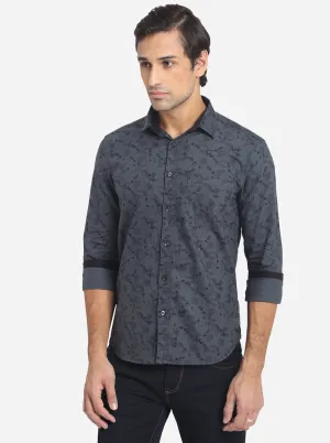 Dark Grey Printed Slim Fit Semi Casual Shirt | Greenfibre