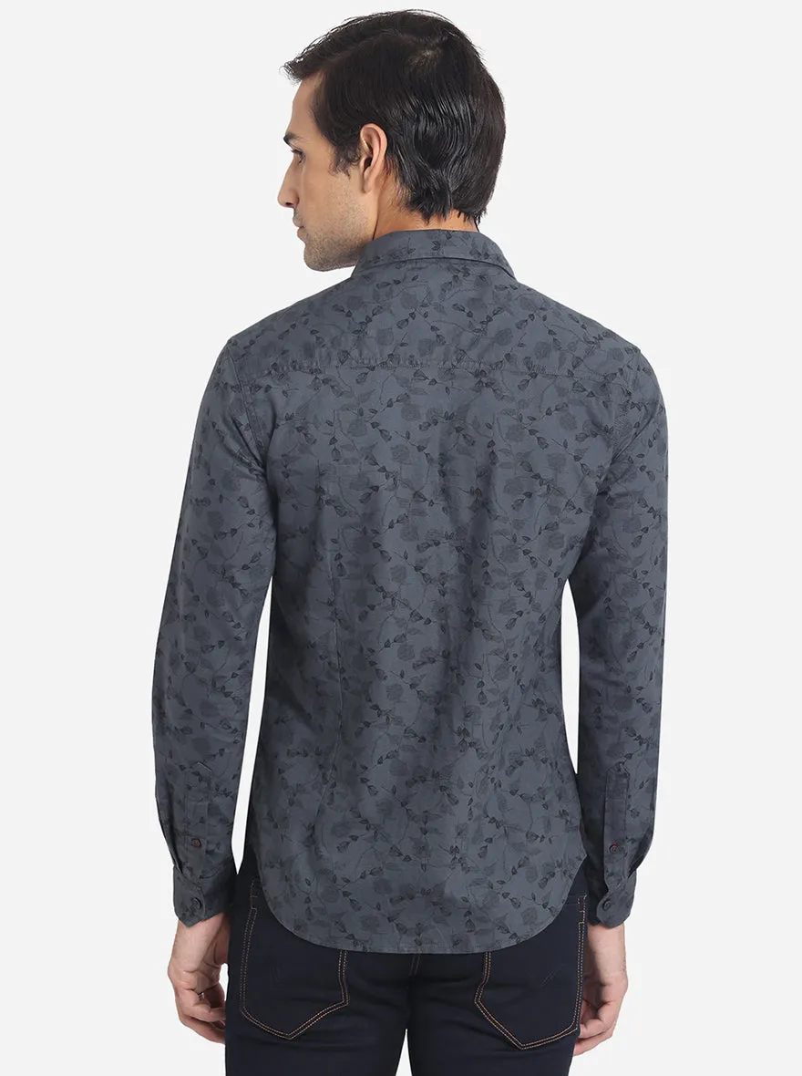 Dark Grey Printed Slim Fit Semi Casual Shirt | Greenfibre