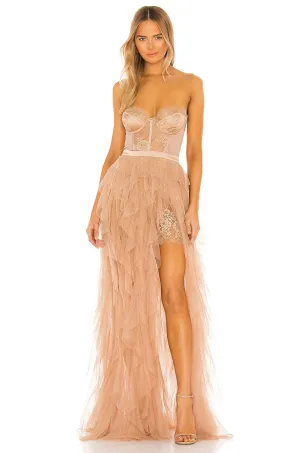 Elegant Warm Taupe Bustier Gown Dress from Love & Lemons X REVOLVE