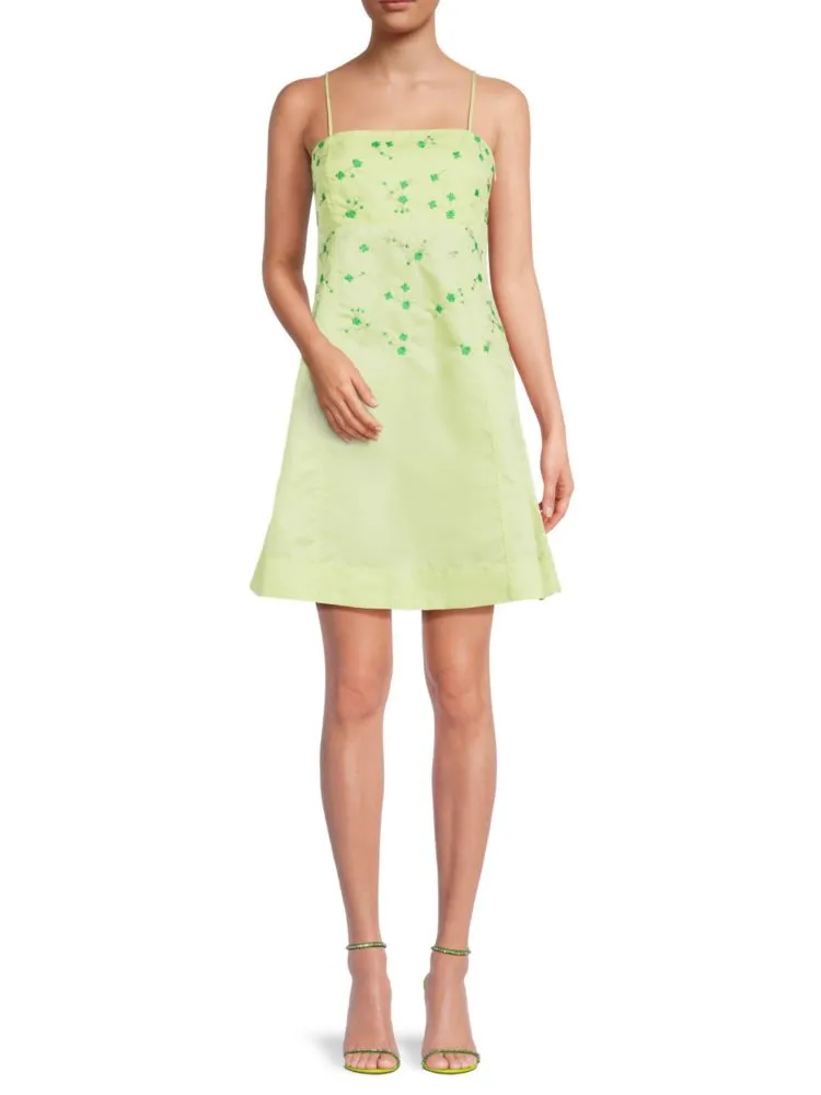 Ganni Embroidered A-Line Mini Dress in Lily Green