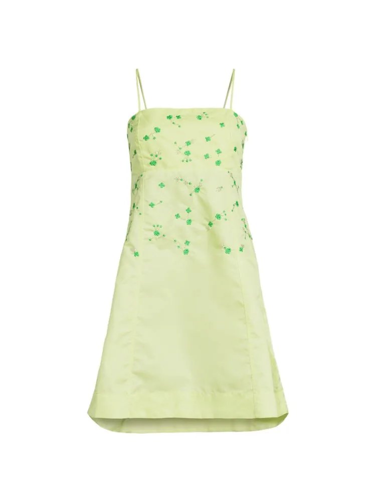 Ganni Embroidered A-Line Mini Dress in Lily Green