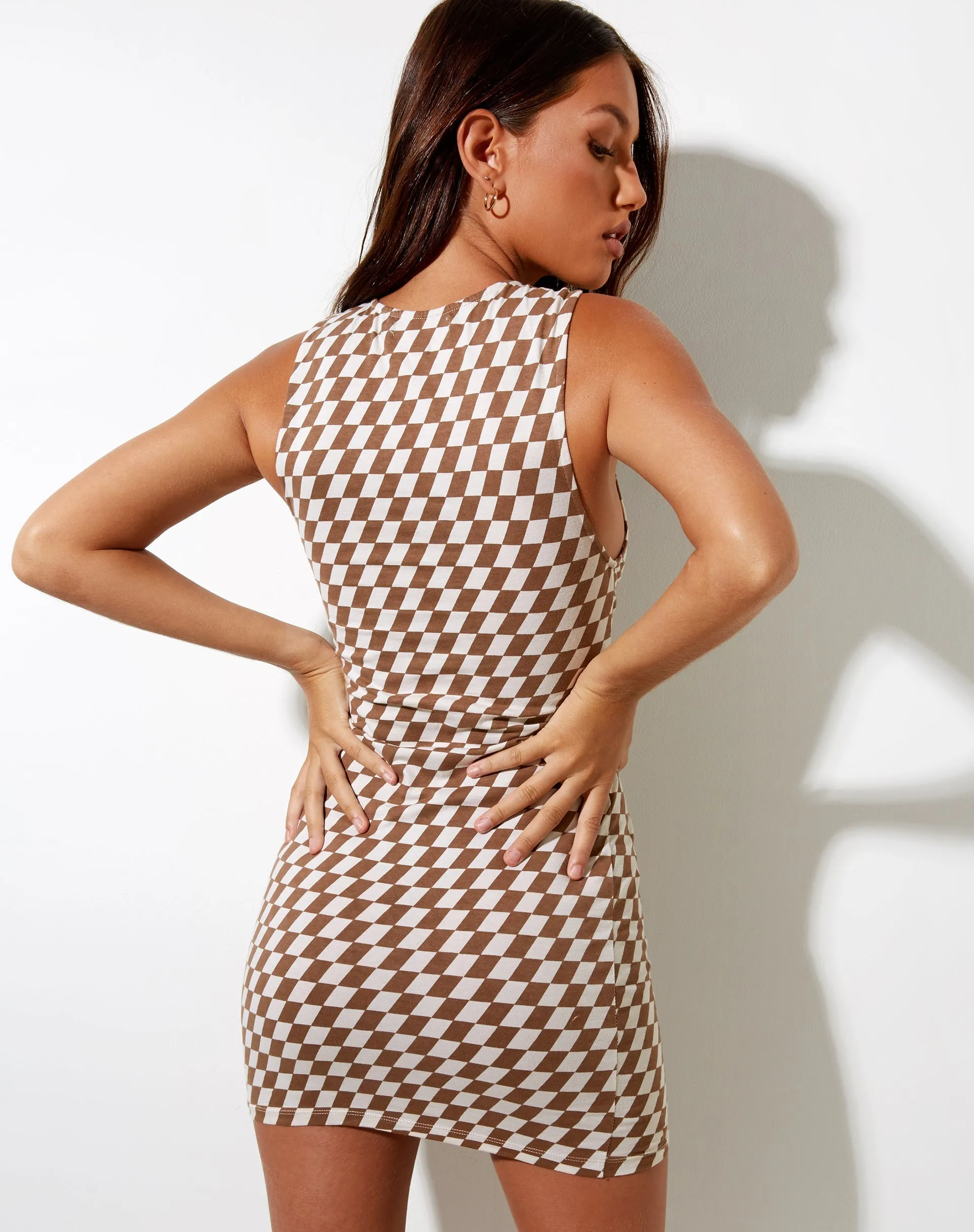 Gele Mini Dress in Diagonal Checker Tan and Ivory