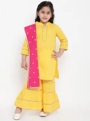 Girls Yellow Solid Kurta With Sharara & Pink Dupatta