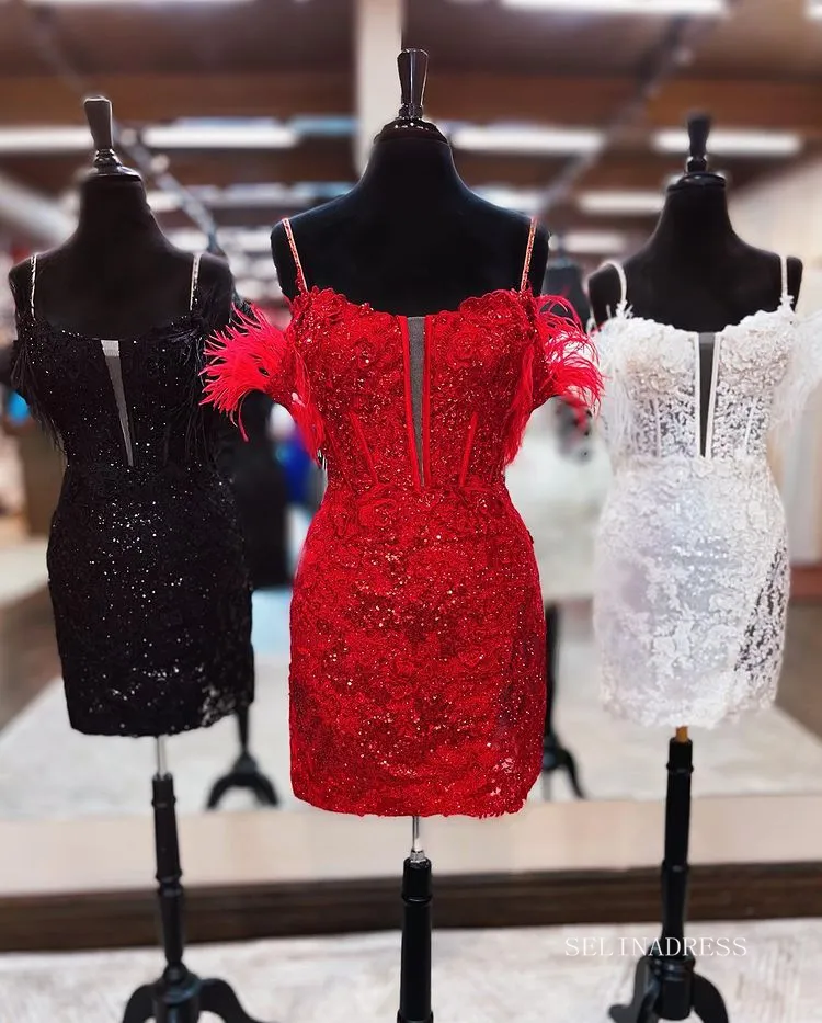 Glittery Red Sequins Homecoming Dresses 2022 Off-the-shoulder Cocktail Dresses #TKL006