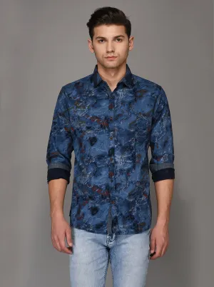 Greenfibre Blue Printed Slim Fit Casual Shirt