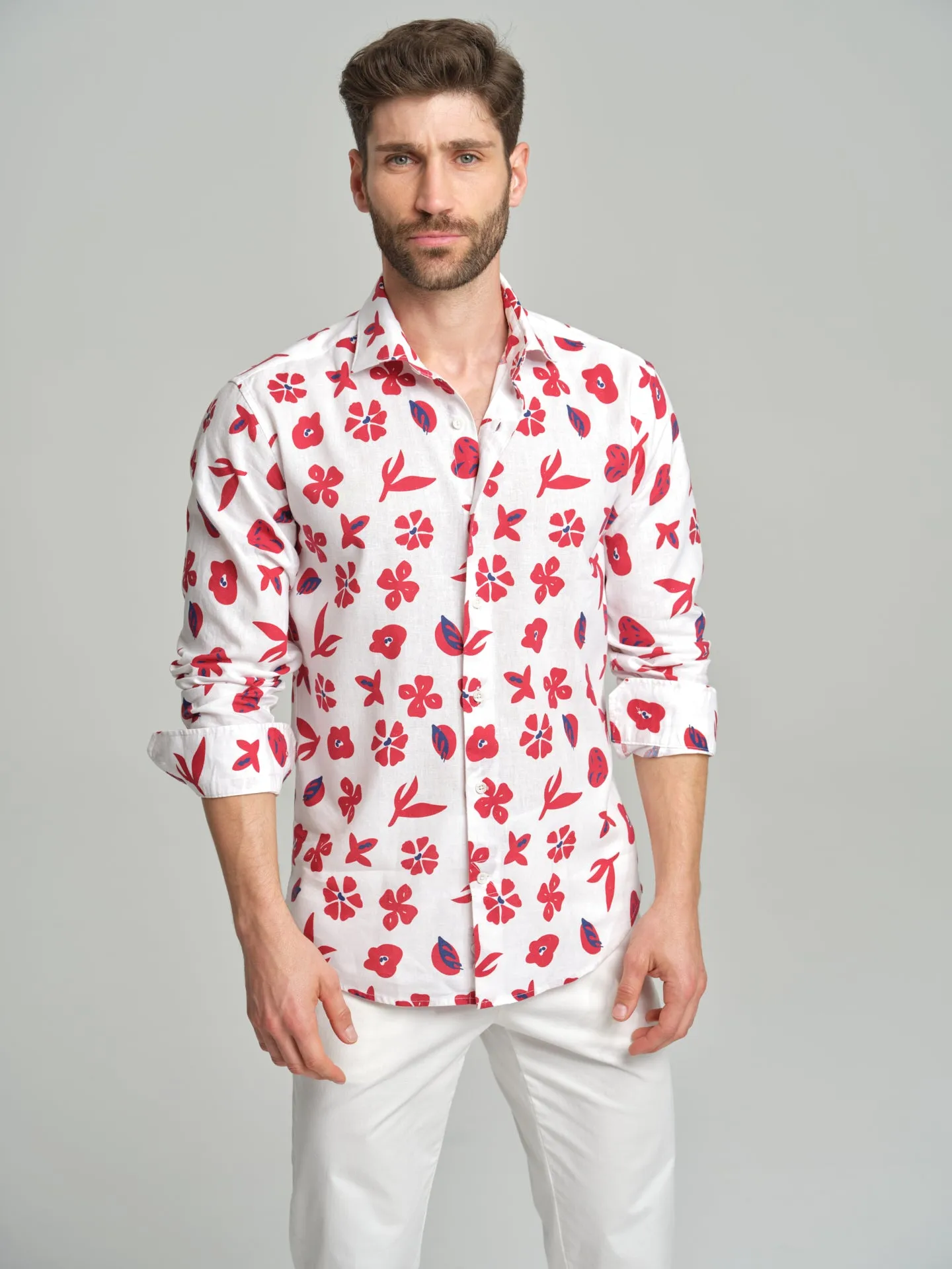 Havana Collection printed cotton and linen slim fit shirt