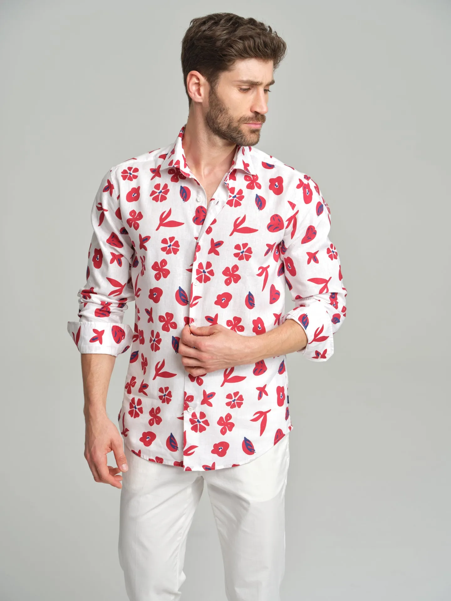 Havana Collection printed cotton and linen slim fit shirt