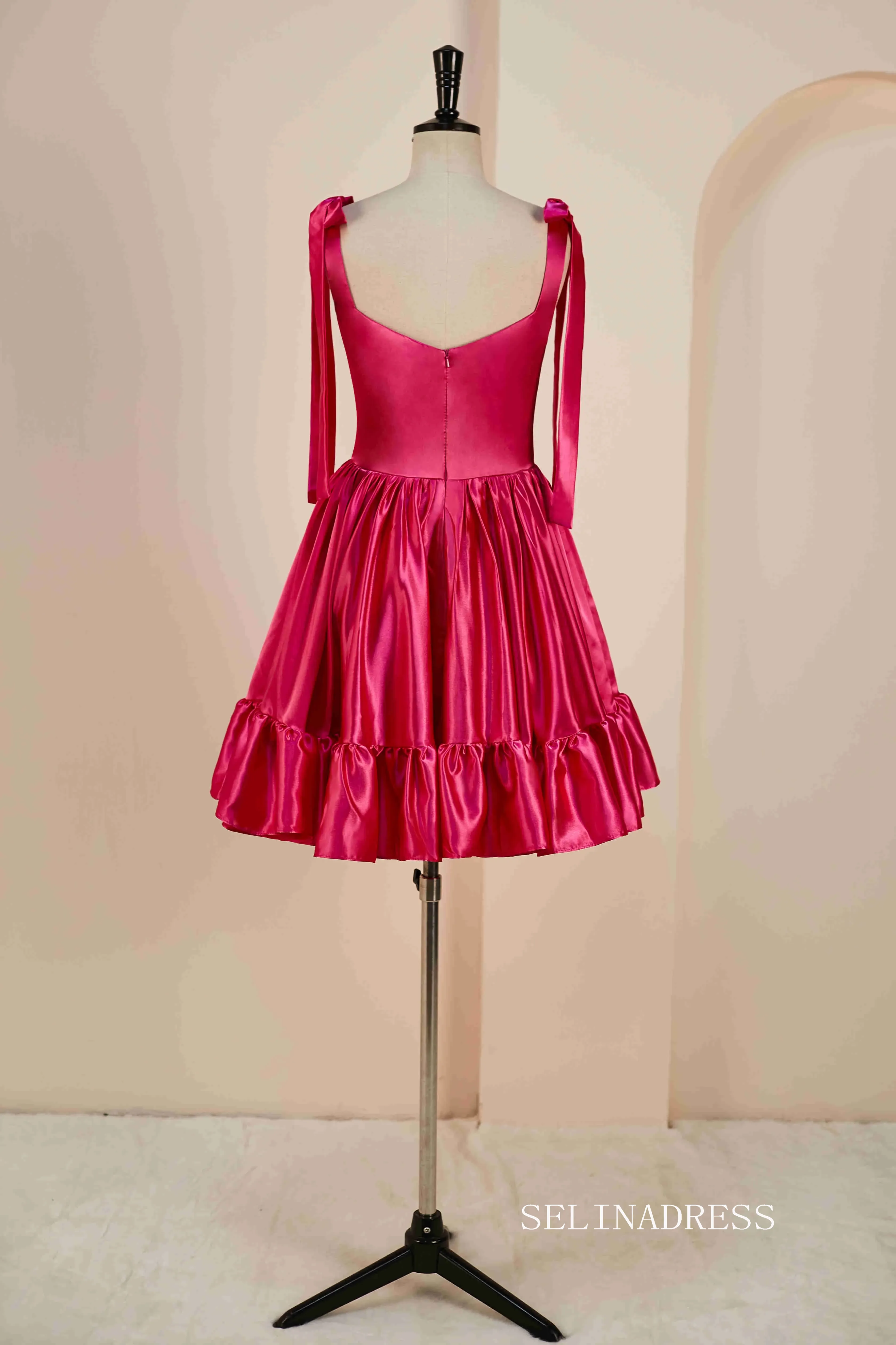 Hot Pink Bow Tie Ruffle Short Homecoming Dress JKW011