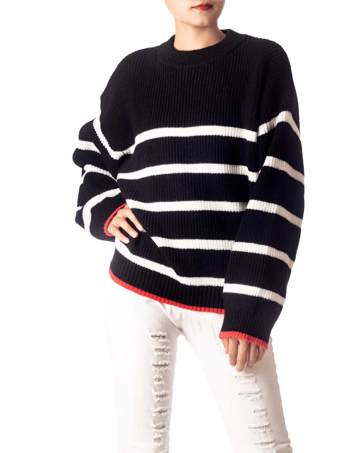 iB-iP Women's Cozy Casual Top Long Sleeve Stripes Lightweight Pullover Sweater