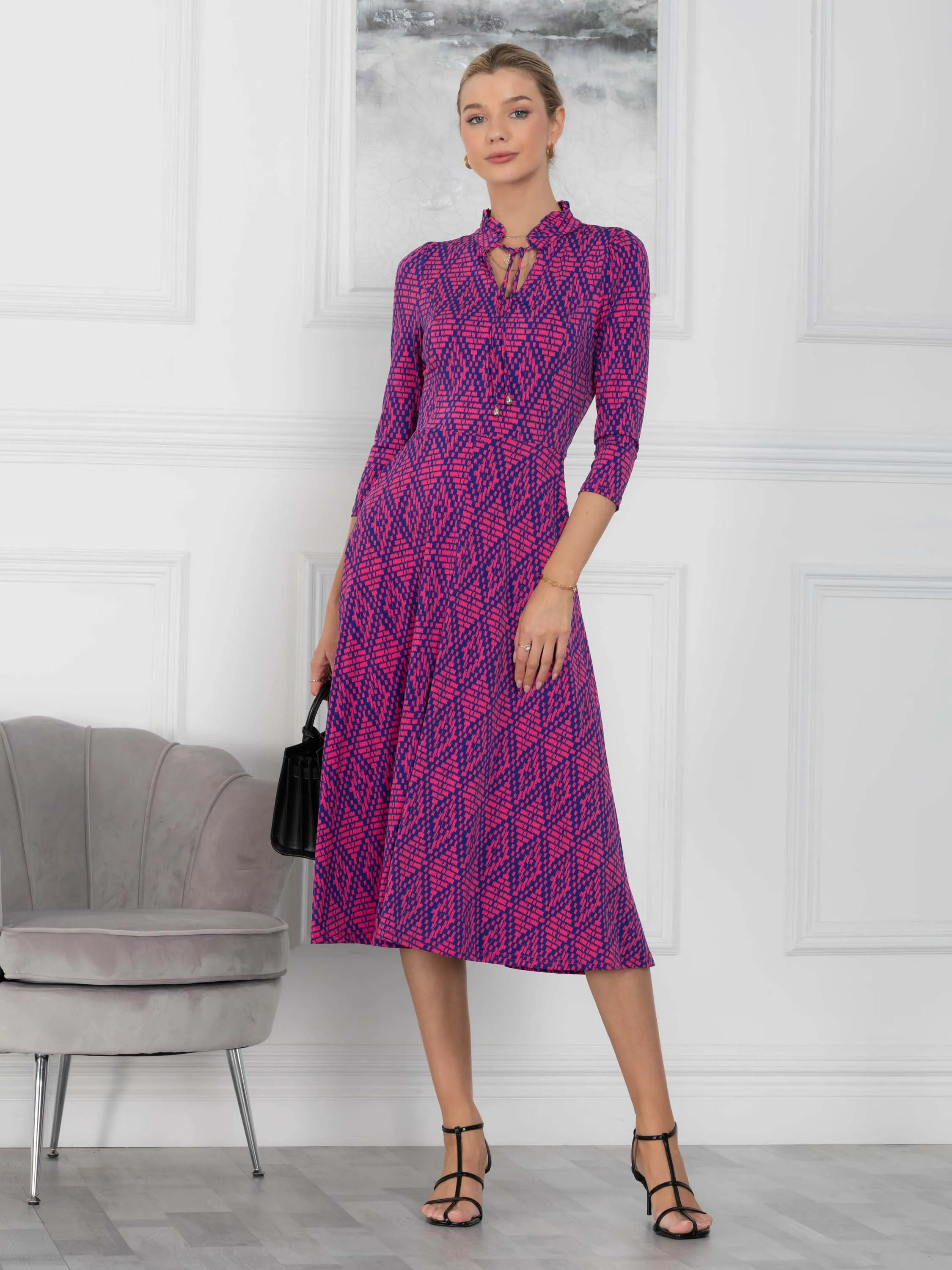 Jennifer Tie Neck Midi Dress, Pink Multi