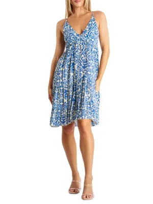 La Moda Clothing Abstract V Neck Casual Dress in Blue Multicolor