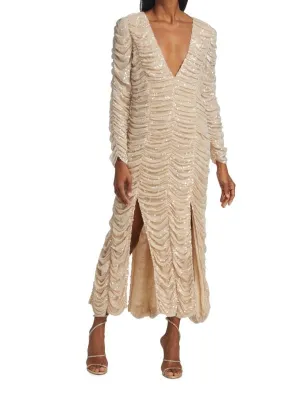 Lana Khaite midi dress with sequins and ruffles, beige