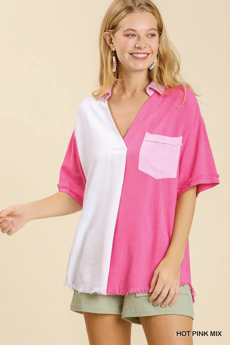 Linen Blend Color Block Gauze Button Up Short Folded Sleeve Top with Chest Pocket and Frayed Hemline