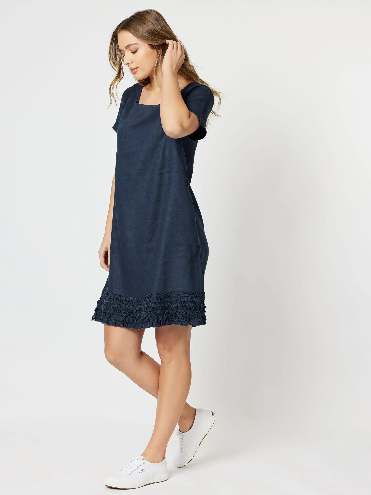 Linen Ruffle Hem Dress - Navy
