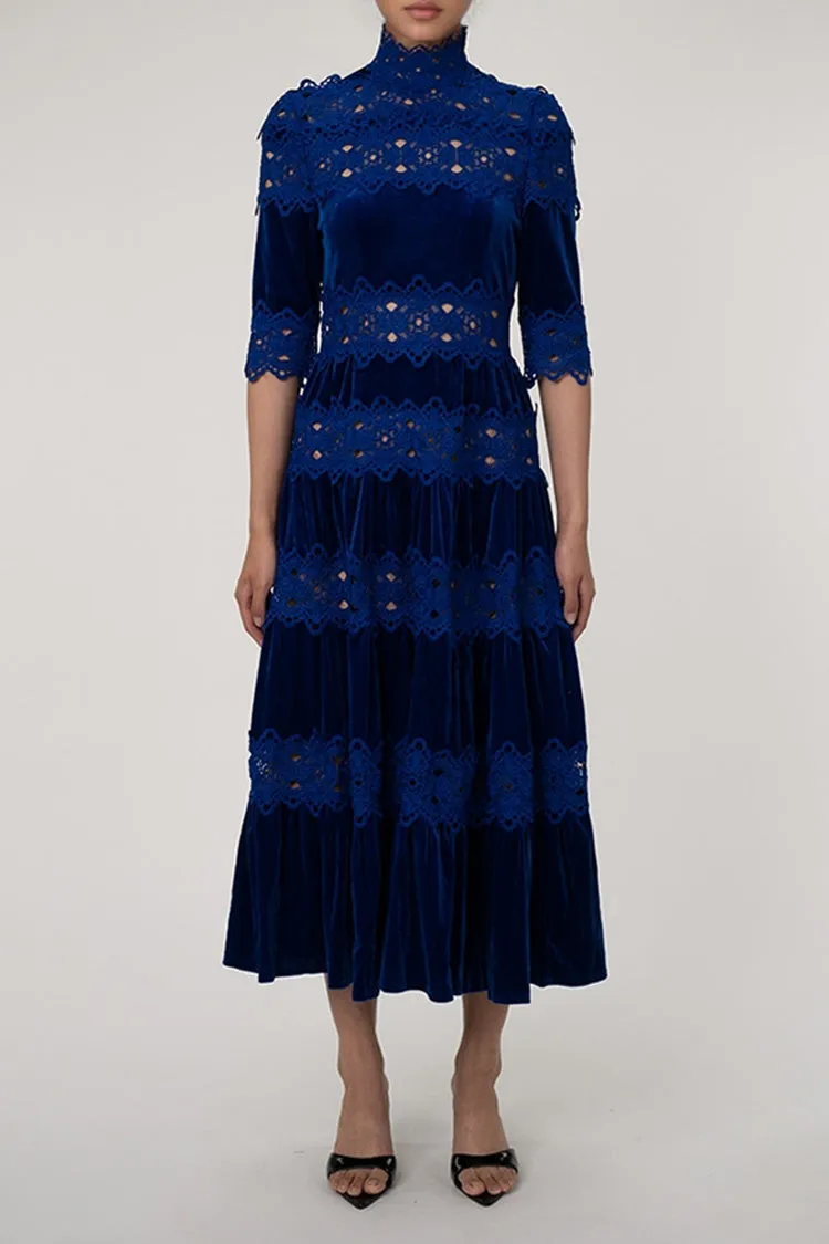 Luxurious High Neck Half Sleeve Ruched Lace Velvet Evening Maxi Dress - Royal Blue