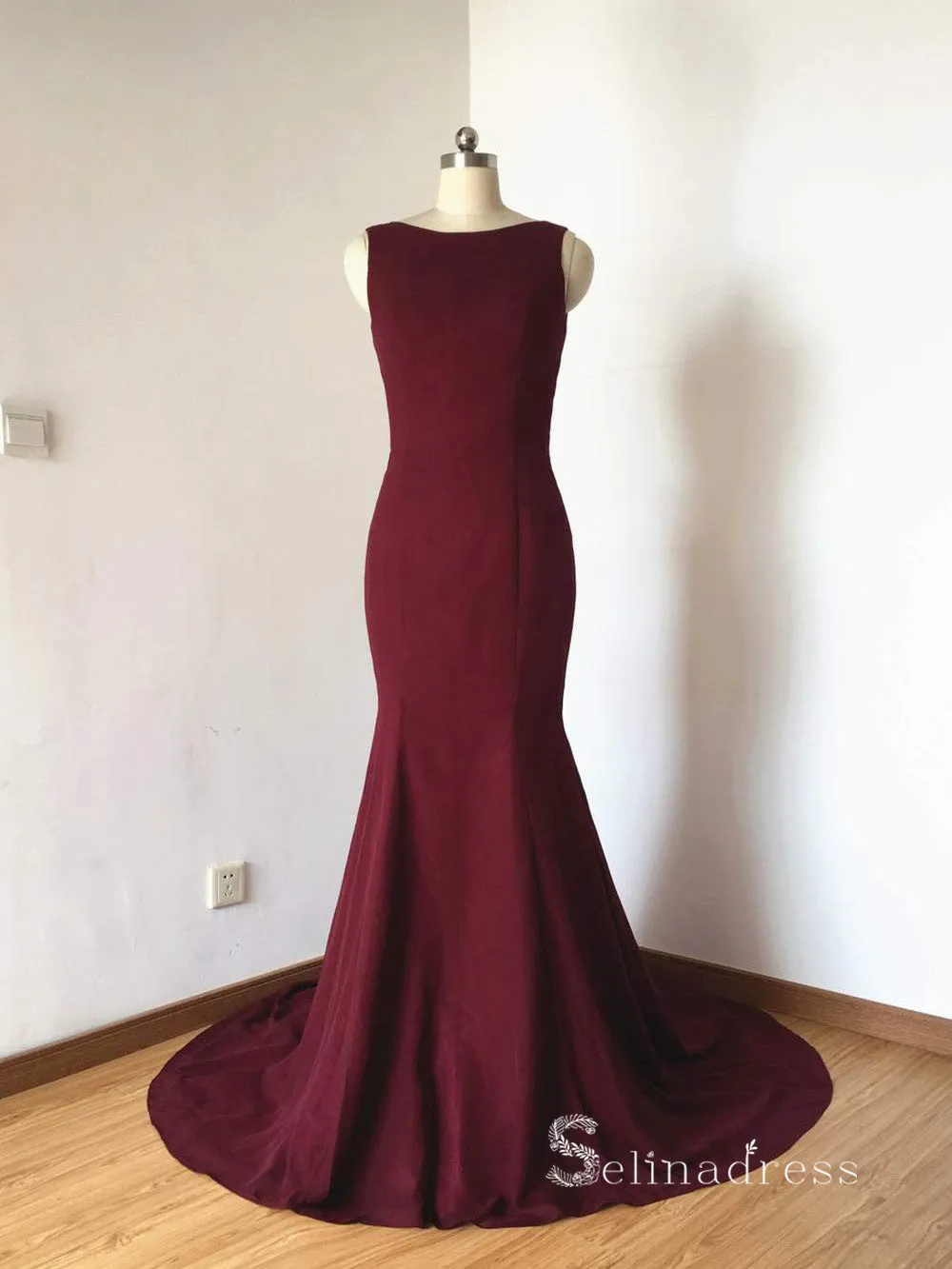 Mermaid Bateau Burgundy Bridesmaid Dress Cheap Satin Bridesmaid Dresses BRD011