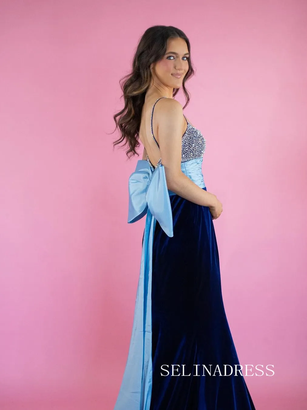 Mermaid Spaghetti Straps Sky Blue Beaded Long Prom Dress With Bowknot sew0603