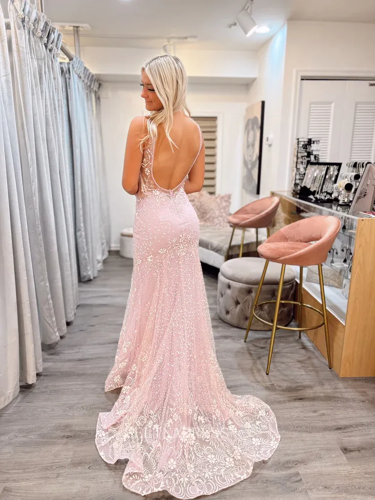 Mermaid V neck Sparkly Pink Long Prom Dress Beautiful Lace Formal Dresses KPY021