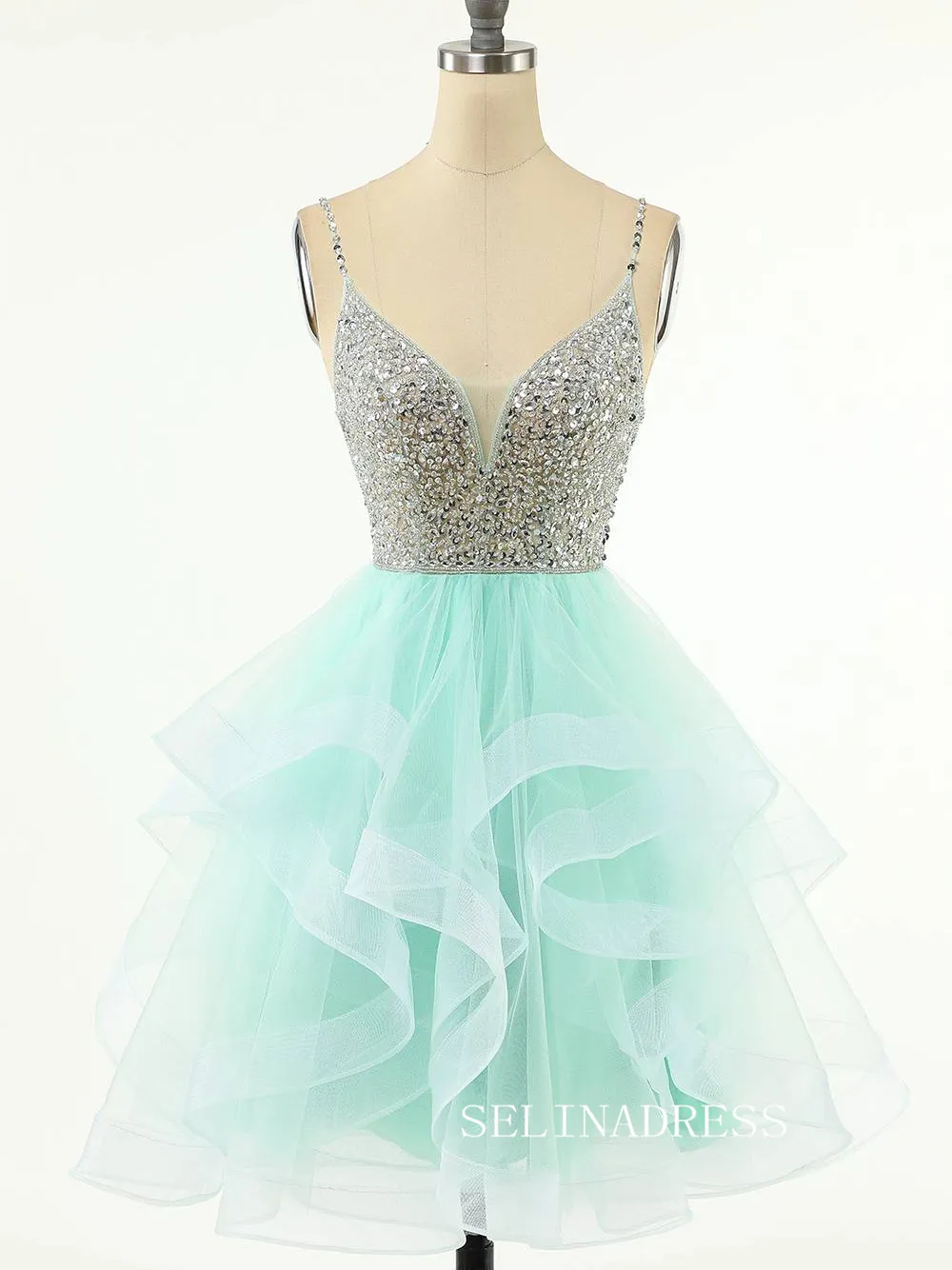 Mint Green Beaded Layered Tulle Homecoming Dress SEA011