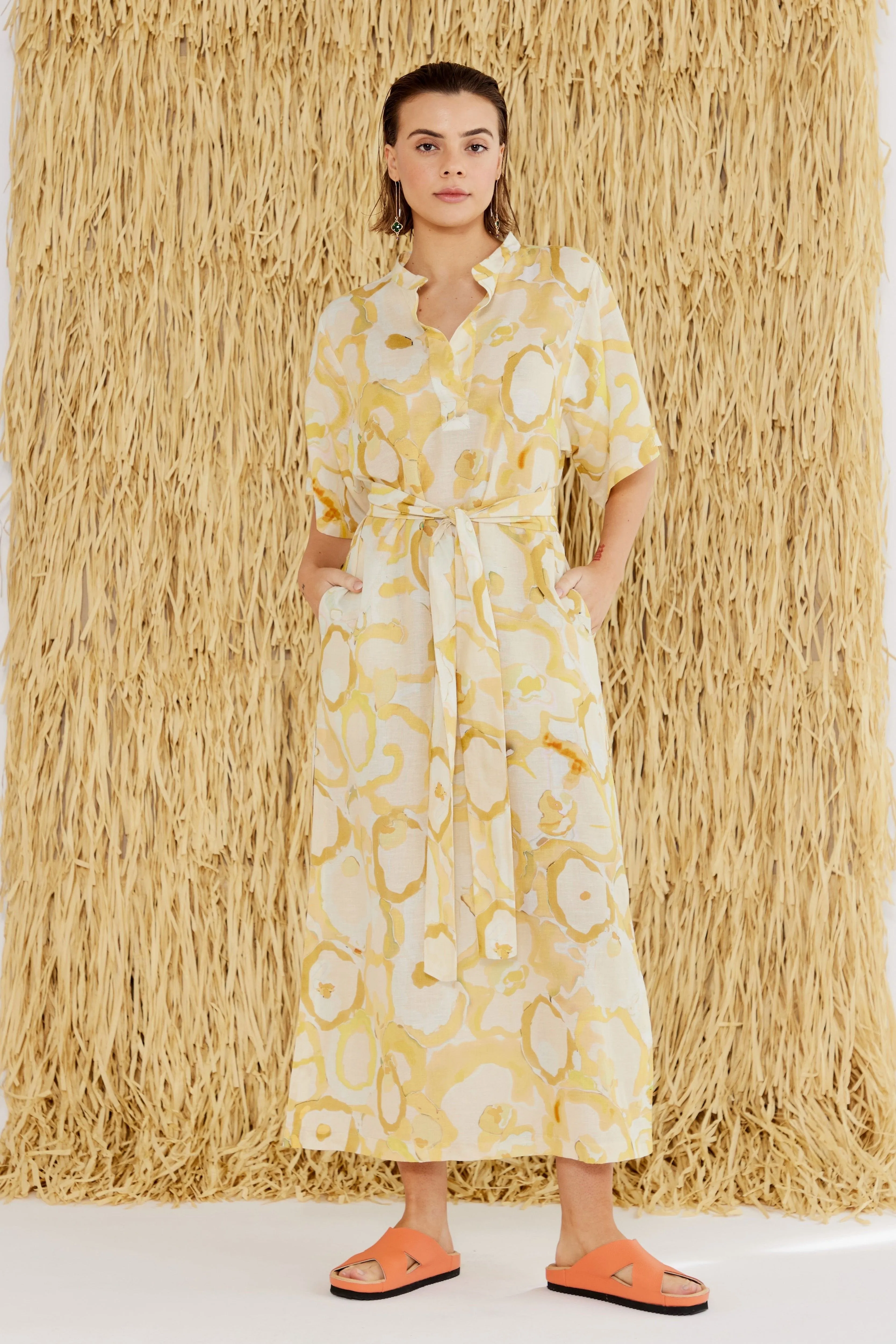 Miriam Yellow Print Cotton-Linen Dress