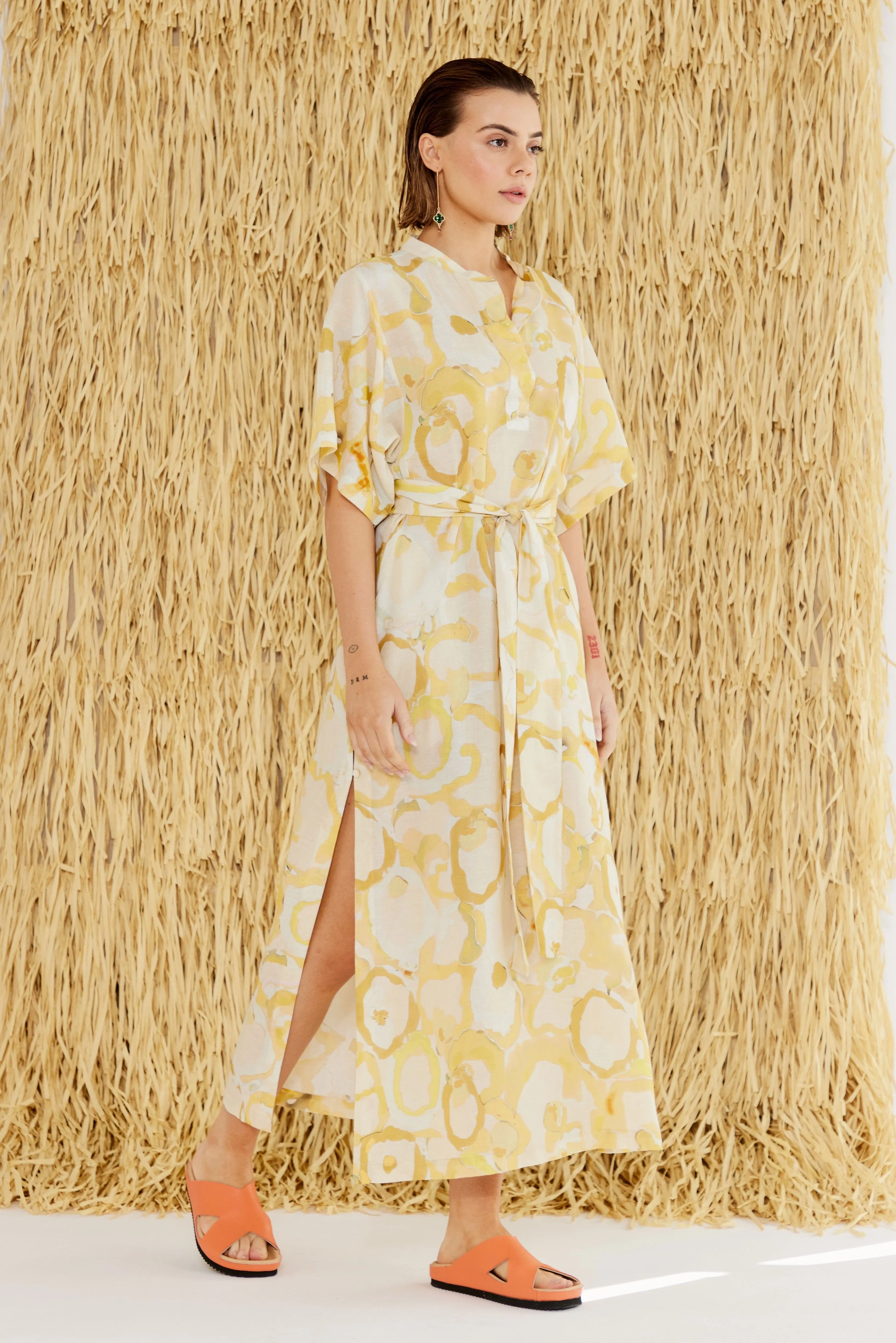 Miriam Yellow Print Cotton-Linen Dress