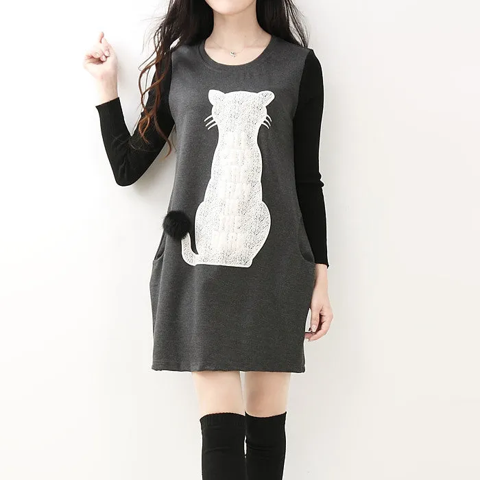 New style 3 colors cat print women dresses for autumn spring and winter