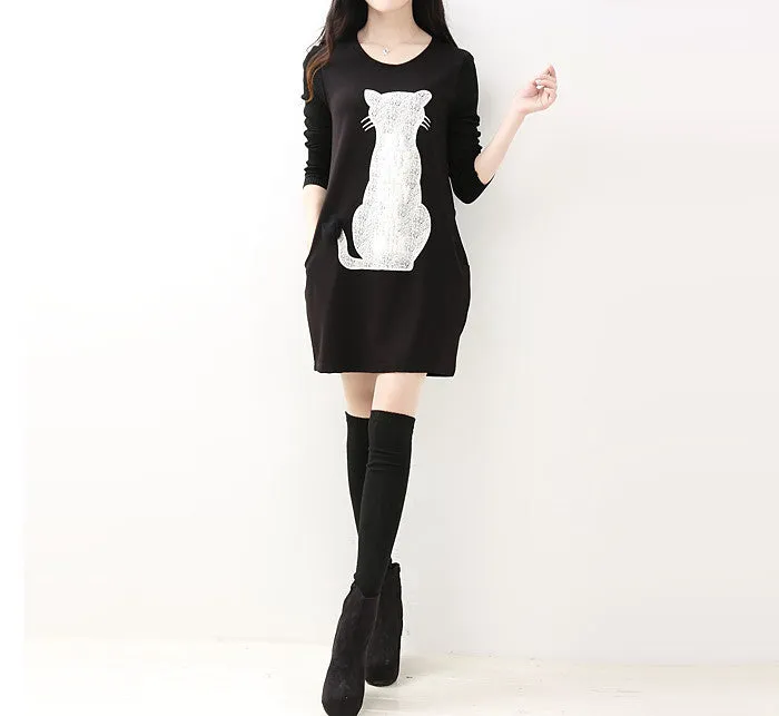 New style 3 colors cat print women dresses for autumn spring and winter