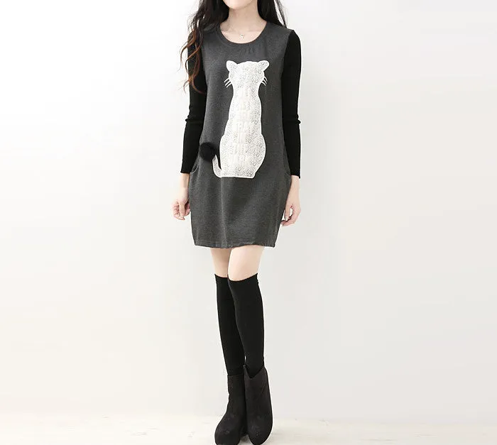 New style 3 colors cat print women dresses for autumn spring and winter