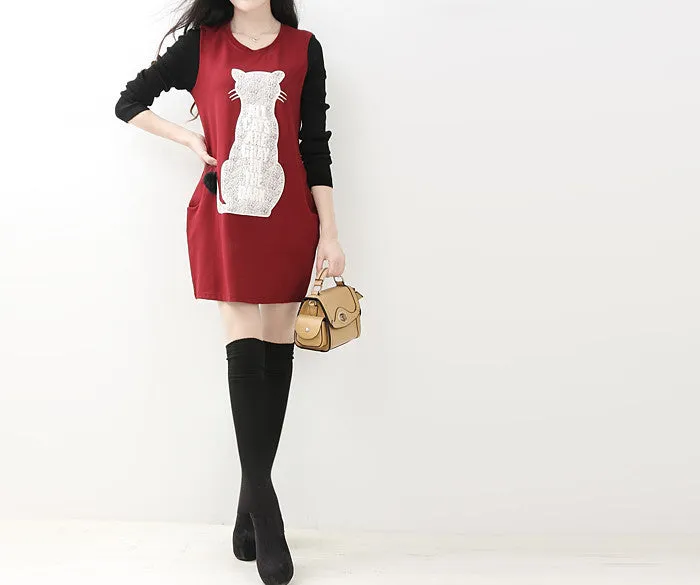 New style 3 colors cat print women dresses for autumn spring and winter