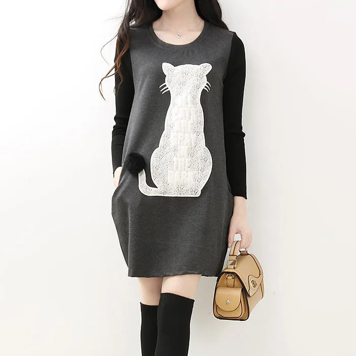 New style 3 colors cat print women dresses for autumn spring and winter